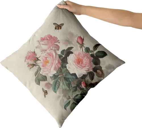 Miniatura 3 de Sweetshow Juego de 2 fundas de almohada con estampado floral de rosas rosadas de 18 x 18 pulgadas, diseño vintage de hojas y abejas, arte moderno