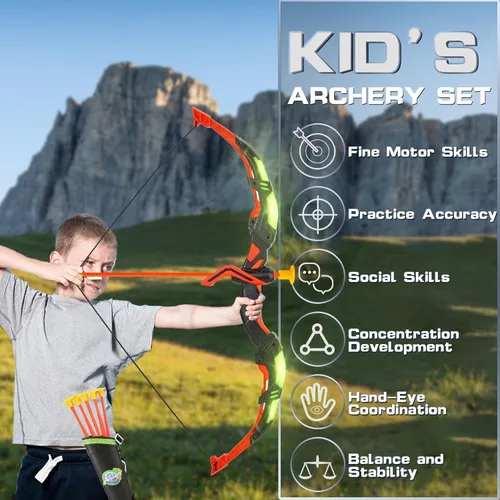 Miniatura 5 de Handwell Juego de arco y flecha para niños con luz LED, juego de tiro con 10 flechas de ventosa, juguetes para interiores y exteriores, con objetivo