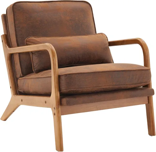 Miniatura 14 de SSLine Sillón tapizado moderno de tela de lino suave con almohada y marco de madera de roble, cómodo sofá individual con respaldo alto, silla
