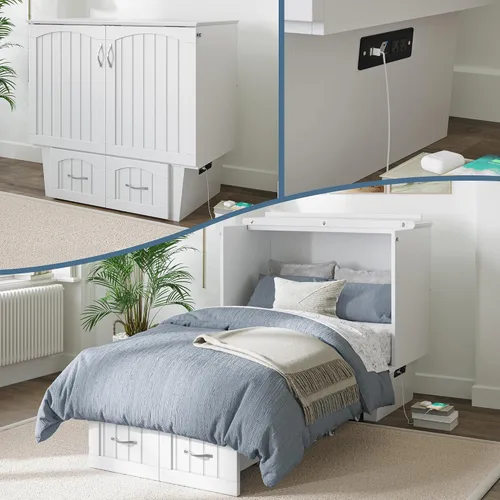 Miniatura 21 de AFI, Nantucket - Cómoda de cama Murphy de tamaño matrimonial con colchón, cajón de almacenamiento y cargador USB integrado, color blanco
