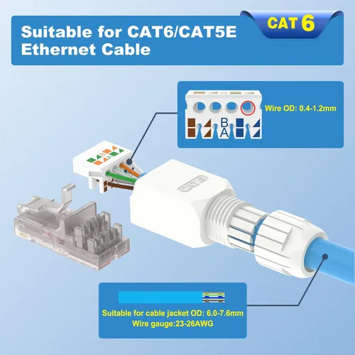 Miniatura 5 de VCELINK Conector RJ45 sin herramientas, enchufe de terminación de campo CAT6, enchufe modular chapado en oro, conector UTP CAT6 sin herramientas