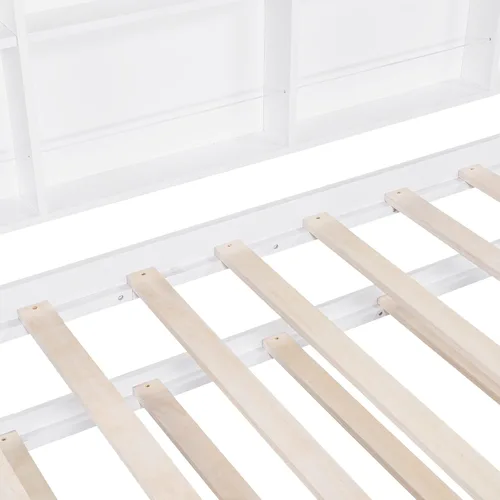 Miniatura 6 de Merax Cama de madera de tamaño individual, marcos de cama individual de madera maciza con nido y estante, cama de casa para niños, color blanco