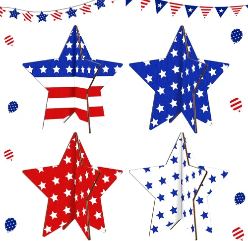 Miniatura 7 de Bucherry 4 juegos de centros de mesa patrióticos para el Día de los Caídos de madera, letreros de estrellas de madera, rojo, blanco, azul, 4