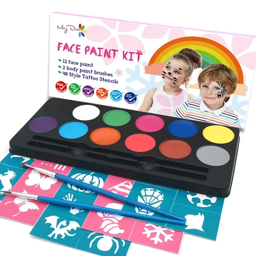 Miniatura 8 de Maydear Kit de Pintura Facial para Niños, Paleta de Maquillaje a Base de Agua de 32 Colores con Plantillas, Brillos, Pastel de Arcoíris Dividido