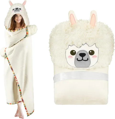 Manta con Capucha de Llama Alpaca Usable para Adultos – Mullida Súper Suave Cálida Acogedora de Franela de Felpa y Sherpa Sudadera con Capucha Manta