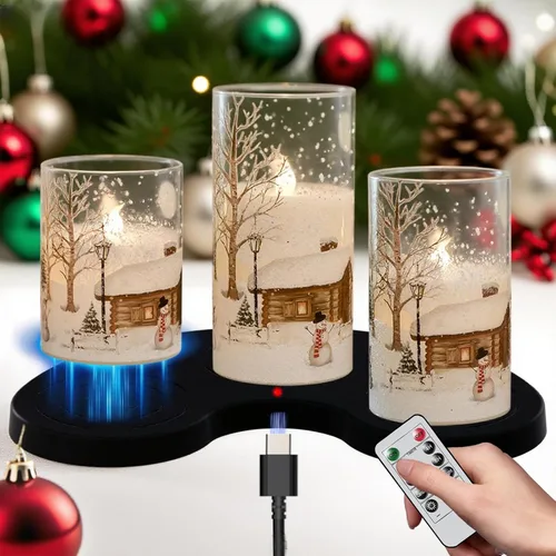 Miniatura 13 de Velas de muñeco de nieve de vidrio sin llama con pilas, control remoto y temporizador, cera real, LED, parpadeantes, pilar de velas blancas, luz