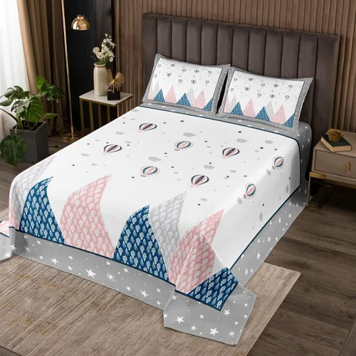 Miniatura 9 de Manfei Lindo pingüino para niños, tamaño individual, juego de colcha de princesa con lazo rosa con globo aerostático, decoración de habitación