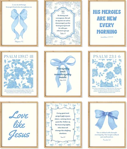 97 Decor Arte de pared de Jesús azul y blanco - Carteles cristianos inspiradores para estética de habitación, bonito arte de pared para