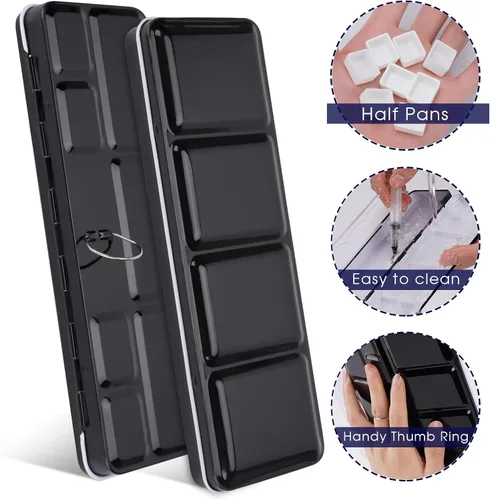 Miniatura 3 de PEVART Paleta de pintura de acuarela vacía, caja de metal con 37 medias bandejas de color de agua y paleta plegable, bandeja de pintura de estaño