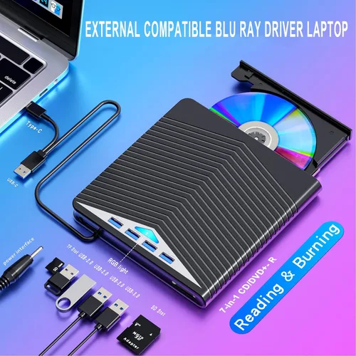 Miniatura 2 de Dainty Unidad Blu ray externa 7 en 1 lectura/escritura con quemador Bluray USB 3.0 y tipo C compatible con/Windows7-11 Mac OS Soporte para unidad