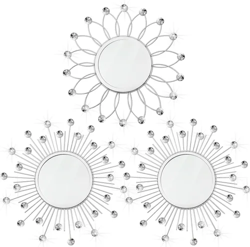 Miniatura 16 de Paquete de 3 espejos metálicos para pared, con diseño de rayos de sol, para decoración del hogar, arte decorativo para colgar en la pared para sala