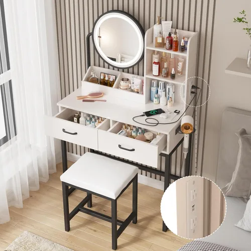 Miniatura 2 de Vabches Tocador de maquillaje con espejo redondo y luces, mesa de maquillaje blanca con estación de carga, mesa de tocador pequeña para dormitorio