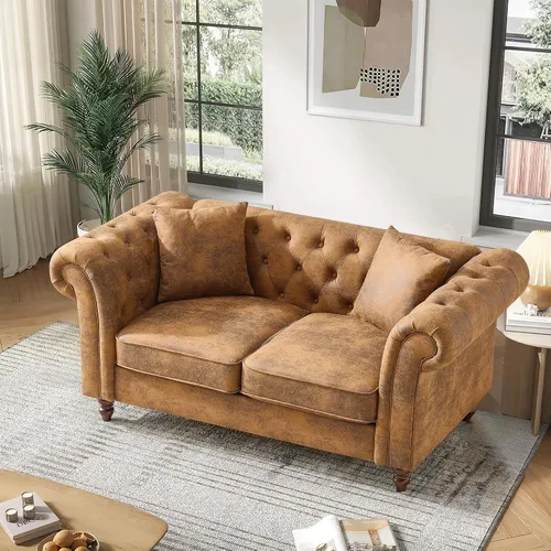 Miniatura 14 de Chesterfield Tech - Sofá biplaza de tela de 66 pulgadas, tapizado de tela de alta tecnología, con brazos enrollados, moderno de mediados de siglo