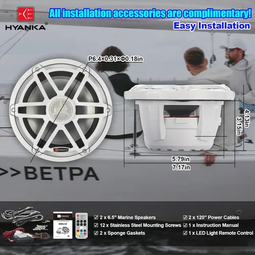 Miniatura 6 de H YANKA MC-65B - Altavoces marinos 6.5 - 750 W 2 vías IP67 impermeable sistema estéreo marino con luz LED azul, sonido de rango completo, altavoces