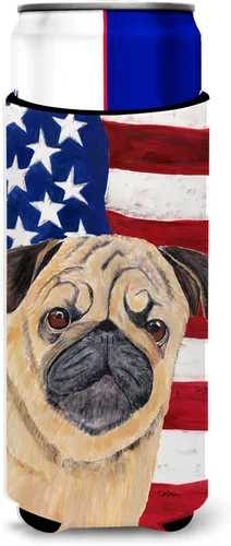 Caroline's Treasures SC9006MUK - Bandera de Estados Unidos con Pug Ultra Hugger para latas delgadas para latas delgadas, funda para enfriar, lavable