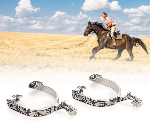 Miniatura 2 de Espuelas de caballo, 1 par de espuelas de bola de rodillo de 3.35 x 3.15 pulgadas, acero inoxidable plateado grabado, estilo espuelas de caballo