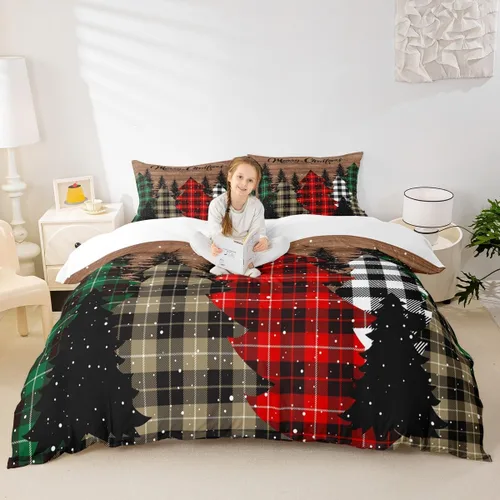 Miniatura 7 de Juego de funda de edredón para niños con diseño de Navidad, tamaño individual, camiones rojos y árboles de pino con copos de nieve, decoración