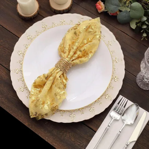 Miniatura 9 de Efavormart Servilletas de tela de cena con hojas de oro brillante y enredaderas bordadas con lentejuelas, servilletas decorativas transparentes