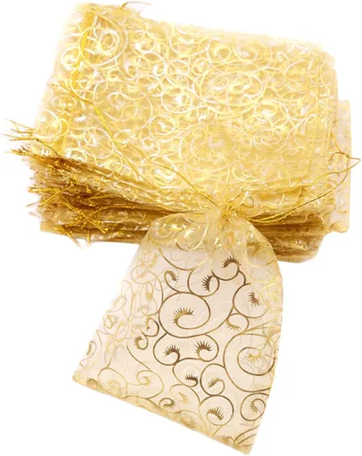 Yansanido Bolsas de regalo de boda, 100 bolsas de organza dorada de tamaño pequeño de 2.8 x 3.6 pulgadas para bolsas de recuerdos de fiesta, bolsas