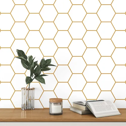 Miniatura 2 de Papel tapiz adhesivo dorado para despegar y pegar, papel tapiz hexagonal extraíble, geométrico, autoadhesivo, moderno, enrejado, de vinilo de 17.5 x