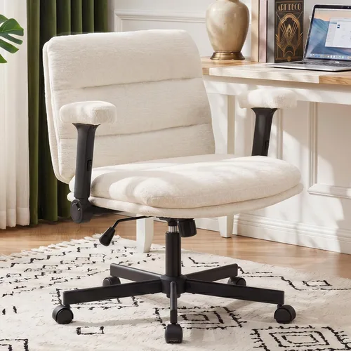Furniliving Criss Cross Office Chair with Adjustable Flip-up Arms, Premium Chenille Upholstered Cross Legged Chair, Ergonomic Swivel Desk Vanity