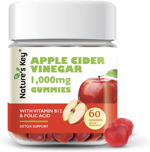 Nature's Key Gomitas de vinagre de sidra de manzana, para apoyo de desintoxicación y limpieza, gomitas veganas ACV con ácido fólico, vitamina B6 B12