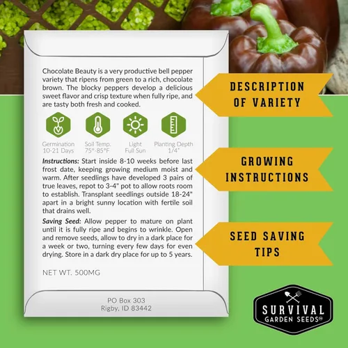 Miniatura 2 de Survival Garden Seeds - Semilla de pimienta Chocolate Beauty para plantar - Paquete con instrucciones para plantar y cultivar hermosos pimientos