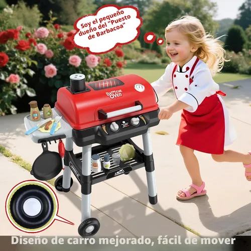 Miniatura 5 de Juguetes de cocina para niños, juego de parrilla de barbacoa para niños con humo, sonido y luz, juguete de barbacoa de 2 niveles con rueda, juguetes