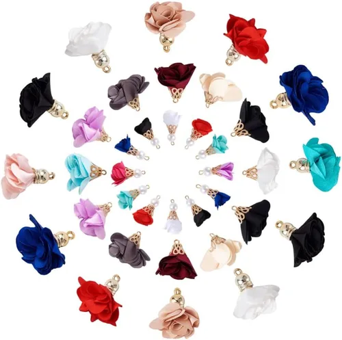 Cheriswelry Colgantes de flores de tela de tela con pétalos florales con tapa dorada para aretes de bricolaje, llavero, fabricación de joyas y
