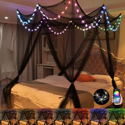 Miniatura 7 de Comtelek Dosel de Cama de 8 Esquinas con 100 Luces LED de Cadena de Estrellas Operadas por Batería, Red de Cama Estilo Único de 4 Puertas Cortinas