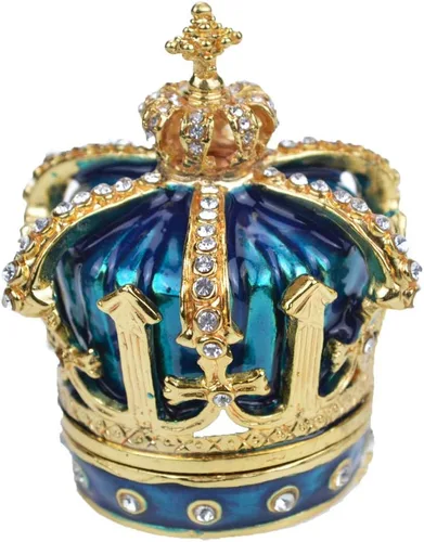 QIFU Pintado a mano esmaltado estilo corona azul decorativo con bisagras joyería baratija caja regalo único para decoración del hogar