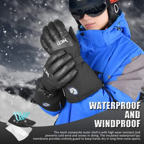 Miniatura 3 de MCTi - Guantes impermeables de invierno para snowboard, con piel sintética para pantalla táctil y correas para muñeca