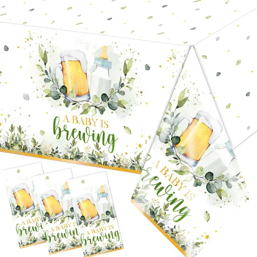 Decoraciones para baby shower, 3 piezas de mantel A Baby is Brewing (Un bebé está preparando), fundas para mesa de baby shower para niños y niñas,