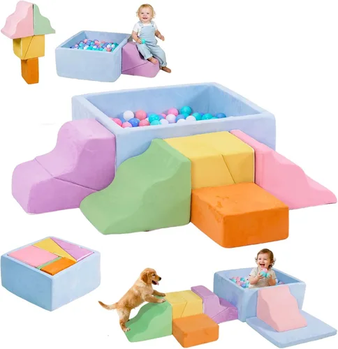 Miniatura 8 de STAOLENE Bloques de escalada de espuma suave con pozo de bolas, 6 juguetes grises de escalada para niños pequeños, juego de actividades de escalada