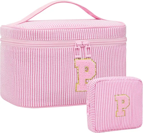 Miniatura 88 de Juego de bolsas de maquillaje con iniciales para niñas y mujeres, bolsa de cosméticos con monograma con soporte para cepillos, estuche de maquillaje