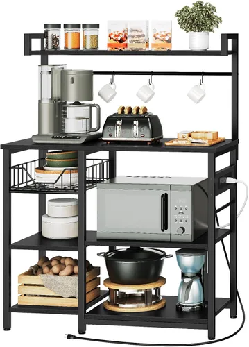 Miniatura 9 de HOOBRO Estante de Panadero de Cocina con Toma de Corriente, Barra de Café, Soporte para Horno de Microondas con Canasta de Malla, Estación de Café