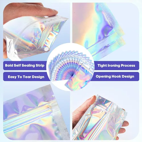 Miniatura 5 de 100 bolsas de embalaje holográficas, bolsa de papel de aluminio resellable de 2.7x3.9 pulgadas, bolsa de muestra de Mylar ideal para pequeños