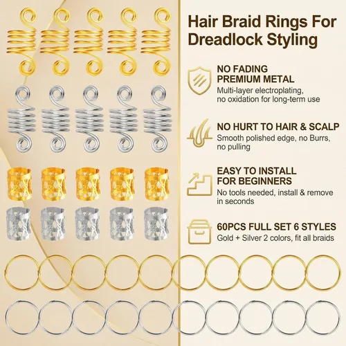 Miniatura 3 de 60 piezas de accesorios metálicos para el cabello de estilo surtido, anillos para puños, cuentas de bobina, botones de rastas, decoraciones
