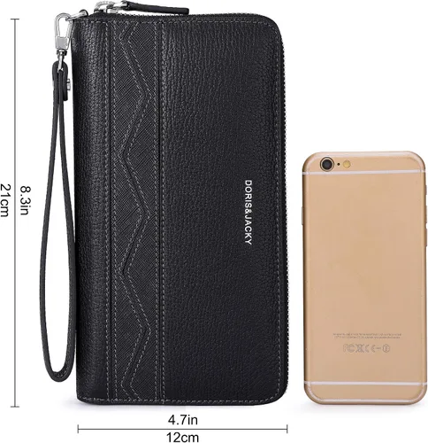 Miniatura 2 de DORISJACKY Cartera de cuero para hombre color negro larga y grande con cremallera alrededor del bolso de mano soporte para teléfono carteras
