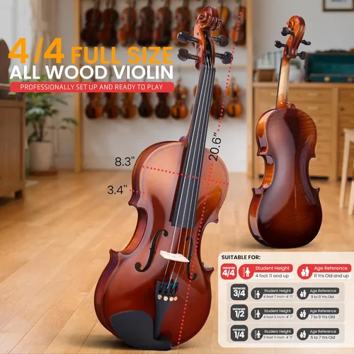 Miniatura 2 de Pyle Violín acústico 4/4 de tamaño completo para principiantes – Juego completo de violines con estuche rígido, arco, cuerdas extra, colofonia, kit