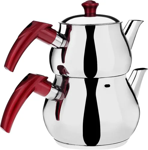 Miniatura 7 de Juego de tetera turca de acero inoxidable para estufa, tetera doble con colador, asas rojas, calentador de agua Samovar para té turco