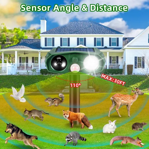 Miniatura 6 de Repelente solar de animales para exteriores, disuasorio ultrasónico de jardín con sensor de movimiento para gatos, ardillas y roedores, estaca