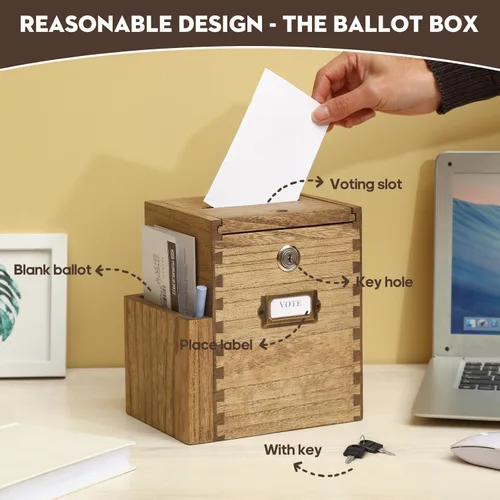 Miniatura 3 de KIRIGEN Caja de sugerencias de madera con cerradura y 2 llaves, urna montada en la pared o encimera con bolsillo lateral para formularios, caja