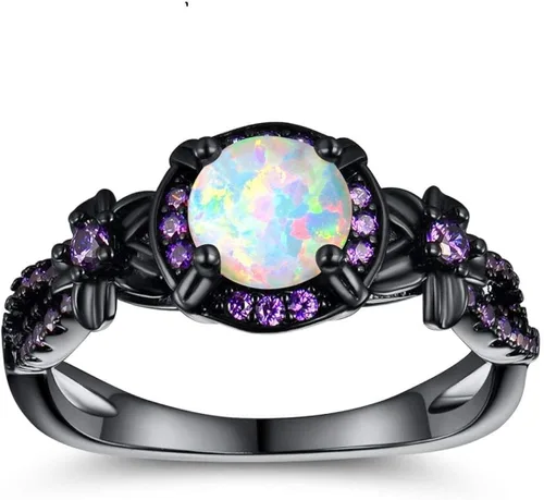 Opaltop - Anillo de compromiso chapado en negro con ópalo de fuego blanco y amatista tallas 5 a 10 para niñas y mujeres latín 8 negro aro