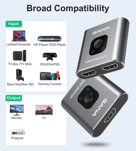 Miniatura 6 de Conmutador HDMI 4K@60Hz Divisor, GANA Conmutador HDMI Bidireccional de Aluminio 2 en 1 Salida, Hub HDMI Manual Soporta HD Compatible con Xbox Gris
