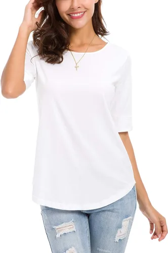 Miniatura 4 de Camisetas casuales de algodón de manga media para mujer, camisetas básicas de verano a la moda
