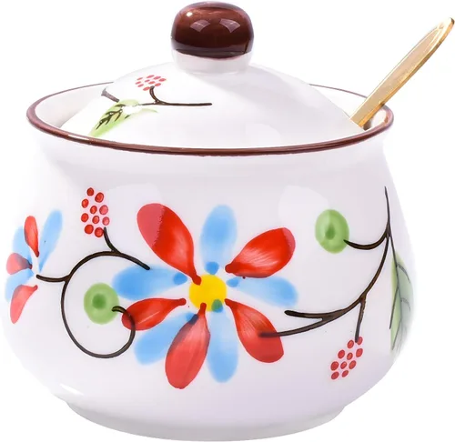 Azucarero de cerámica con tapa y cuchara, recipiente de azúcar floral pintado a mano de 10.8 onzas para cocina, tarro de especias de porcelana