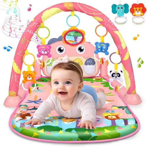 Miniatura 10 de UMIKU Tapete de juego para bebé, tapete para el tiempo boca abajo, centro de actividades musicales para bebés recién nacidos con música de piano