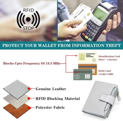 Miniatura 6 de FALAN MULE - Cartera de cuero auténtico para mujer, pequeña, plegable y compacta, con bloqueo de interferencia de radiofrecuencia (RFID)