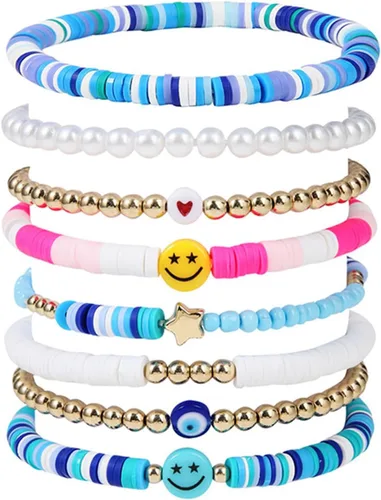 Preppy Heishi - Juego de pulseras de surfista Heishi, colorido, oro blanco, sonrisa, corazón, estrella, mal de ojo, cuentas de arcilla polimérica,